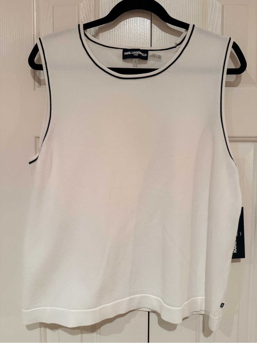 Karl Lagerfeld White Knit Pullover Sleeveless Top Shirt with Black Trim